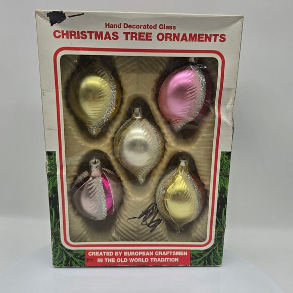 Vintage Glass Teardrop Glitter Ornaments Commodore Romania Set of 5 Multicolor